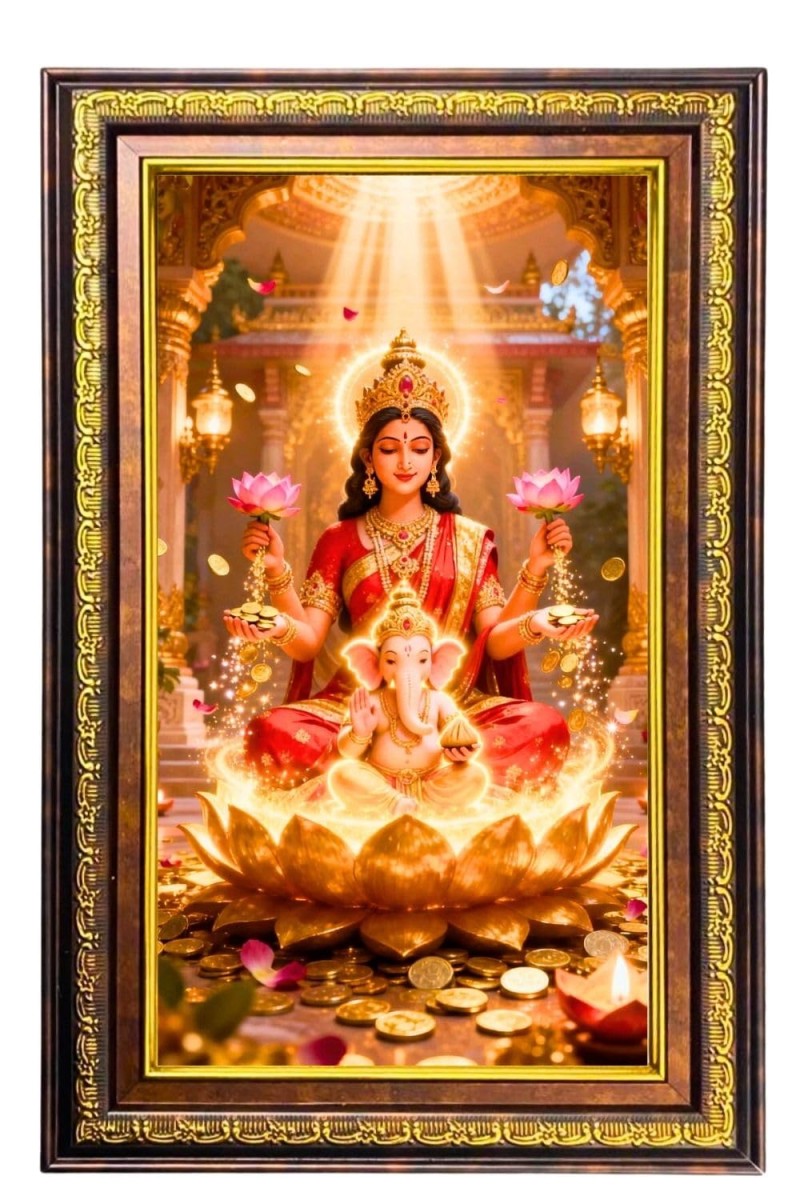 Lakshmi Ganesha Digital Golden Balck Color Photo Frame | Hindu Religious Wall Decor | 16x22 Inches - Inspirational Wall Art for Office, Home Decor - Ideal Spiritual Gift (F16911)