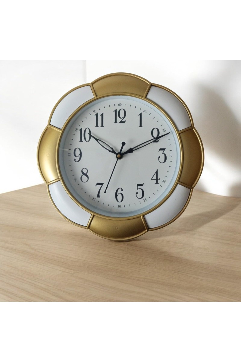 Classic Analog Wall Clock | Round Gold and White Colour with Black Numbers | Decorative Wall Clock for Home, Office, and Living Room | Length-Breadth-Height 24.7cm x 24.7cm x 0.5cm