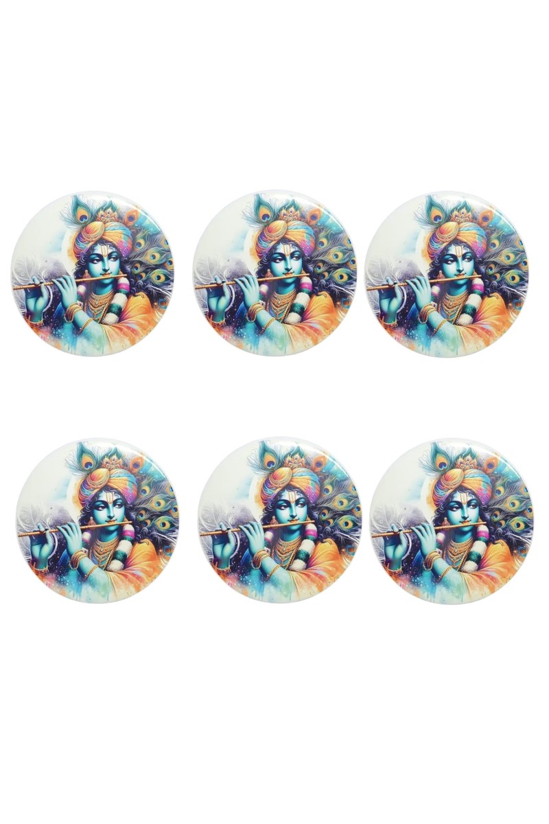 Stainless Steel Round Krishna Fridge Magnet | Decorative Spiritual Refrigerator Magnet for Home & Office | Pack of 6 (6)