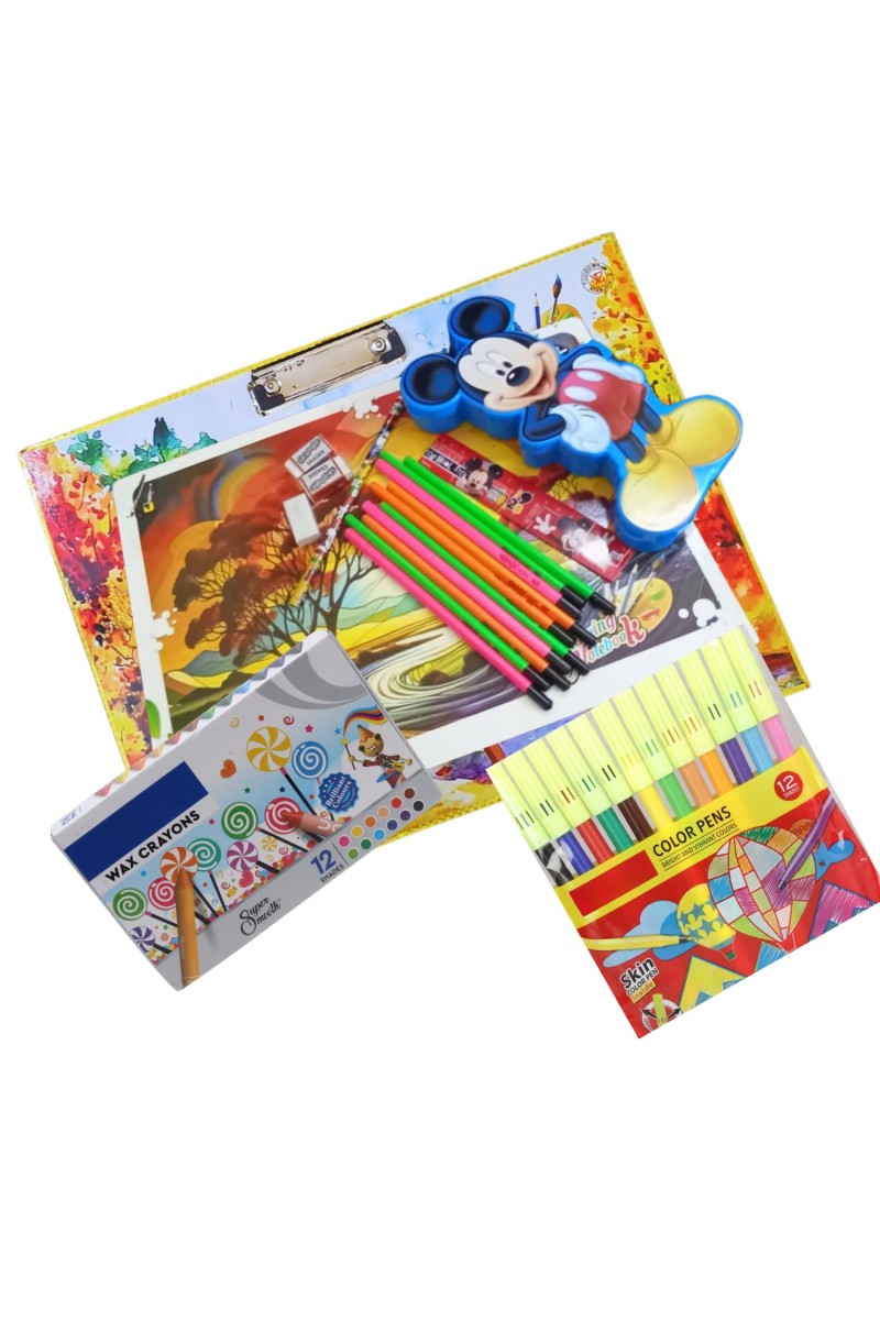 Drawing Board with Large Drawing Notebook, 10 Drawing Pencils + 1 Writing Pencil, 3 Erasers, 1 Sharpener, 12 Shades Crayon, 12 Shades Sketchpen Set, 15 cm Scale, 2-Lid Pencil Box