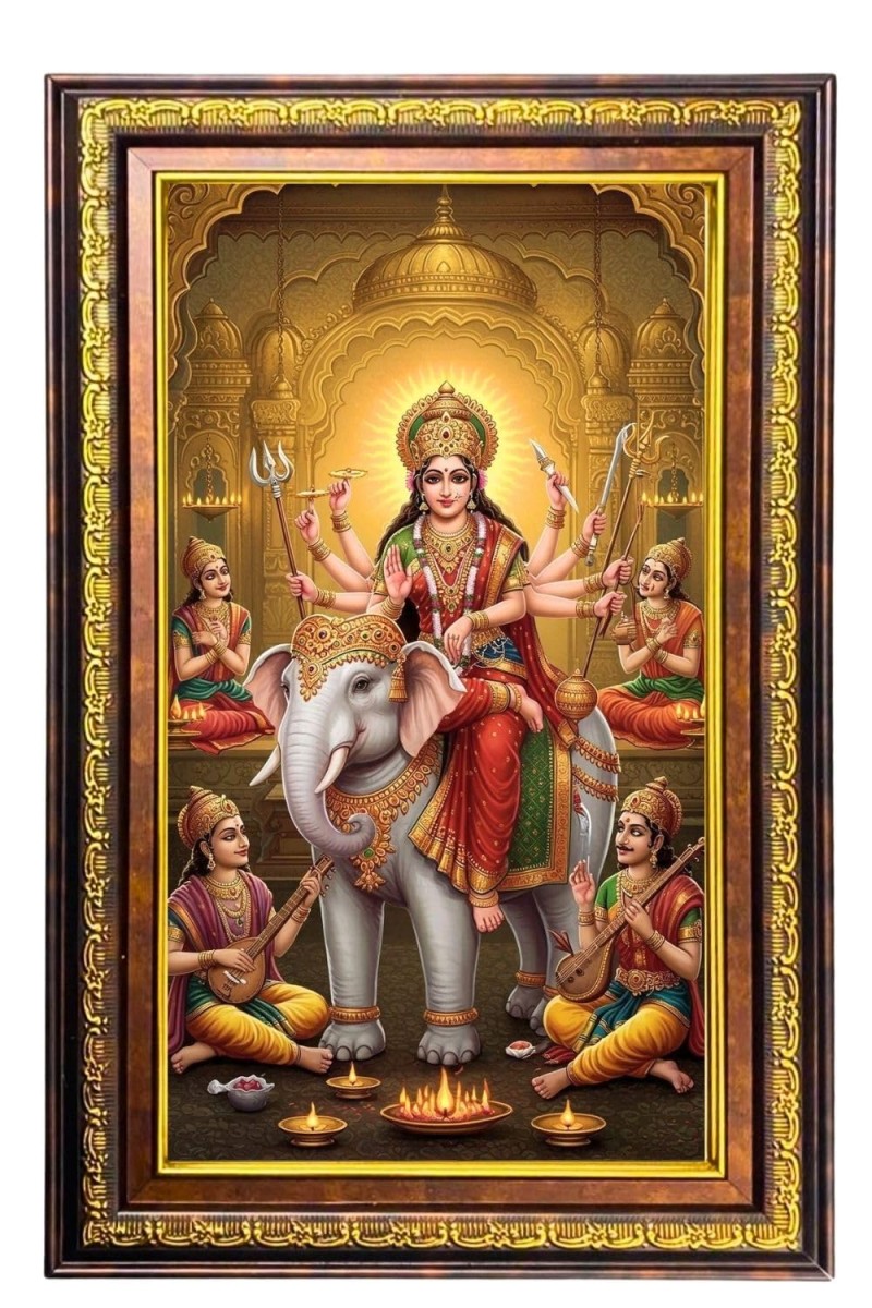 Durga Ma Digital Golden Balck Color Photo Frame | Hindu Religious Wall Decor | 10x16 Inches - Inspirational Wall Art for Office, Home Decor - Ideal Spiritual Gift (F16493)
