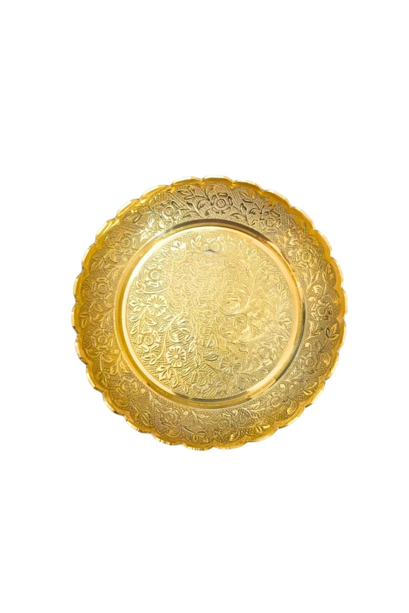 Pure Brass Decorative Pooja Thali Plate | Handcrafted Floral Engraved Brass Plate for Pooja, Aarti & Home Temple | Traditional Golden Brass Thali for Festive Use & Gifting (Small) (Small)