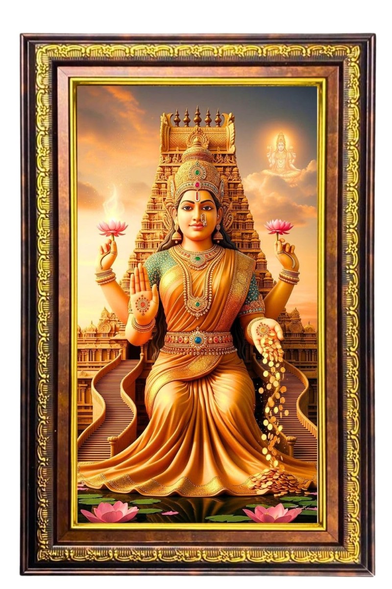 Goddess Lakshmi Digital Golden Balck Color Photo Frame | Hindu Religious Wall Decor | 18x24 Inches - Inspirational Wall Art for Office, Home Decor - Ideal Spiritual Gift (F16763)