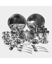Steel Dinner Set 30 Pcs Bowl: 5 X 11 cm, Dish Bowl: 2 X 11 cm, Glass: 11 X 7 cm, Plate: 28 cm Dia., Spoon: 16 X 4 cm, 6 Bowls, 6 Dish Bowls, 6 Glasss, 6 Plates, 6 Spoons