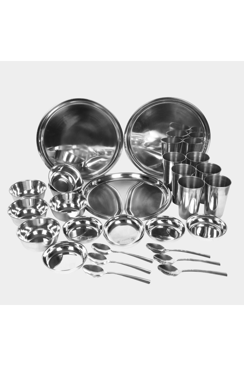 Steel Dinner Set 30 Pcs Bowl: 5 X 11 cm, Dish Bowl: 2 X 11 cm, Glass: 11 X 7 cm, Plate: 28 cm Dia., Spoon: 16 X 4 cm, 6 Bowls, 6 Dish Bowls, 6 Glasss, 6 Plates, 6 Spoons