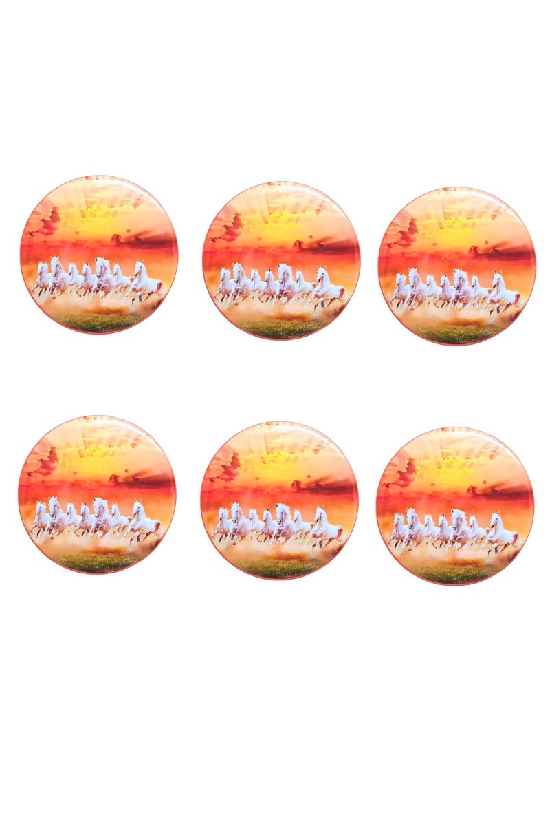 Stainless Steel Round Seven Horses Fridge Magnet | Decorative Refrigerator Magnet for Home & Office | Premium Finish | Pack of 6