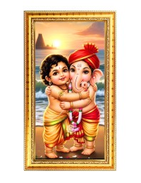 Bala Murugaan & Lord Ganesh Digital Golden Color Photo Frame | Hindu Religious Wall Decor | 10x17 Inches - Inspirational Wall Art For Office, Home Decor - Ideal Spiritual Gift (F10351)