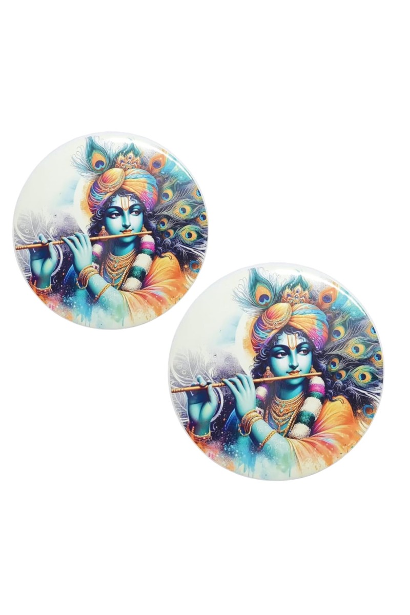 Stainless Steel Round Krishna Fridge Magnet | Decorative Spiritual Refrigerator Magnet for Home & Office | Pack of 2