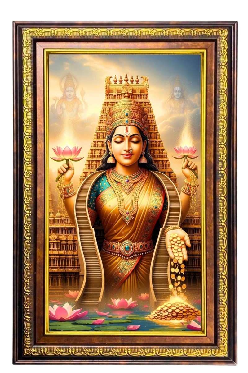 Goddess Lakshmi Digital Golden Balck Color Photo Frame | Hindu Religious Wall Decor | 18x24 Inches - Inspirational Wall Art for Office, Home Decor - Ideal Spiritual Gift (F16762)
