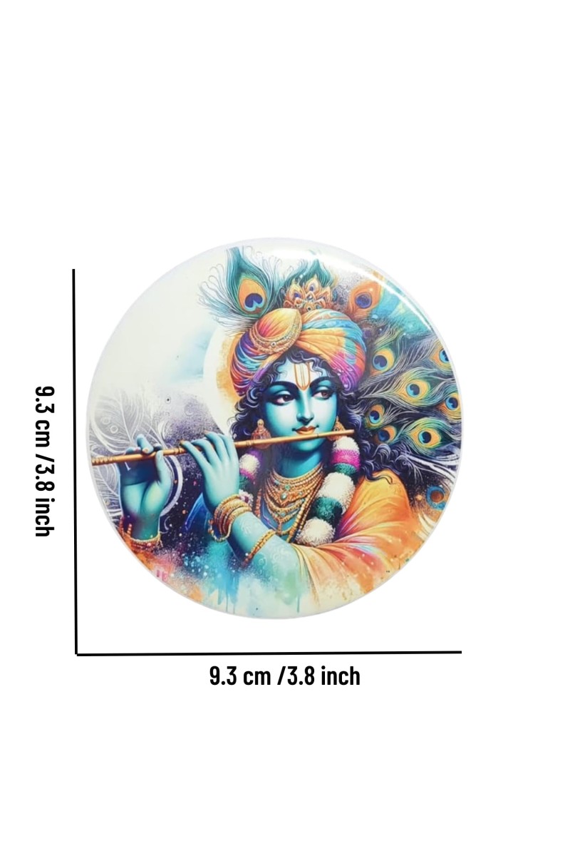 Stainless Steel Round Krishna Fridge Magnet | Decorative Spiritual Refrigerator Magnet for Home & Office | Pack of 4 (4)