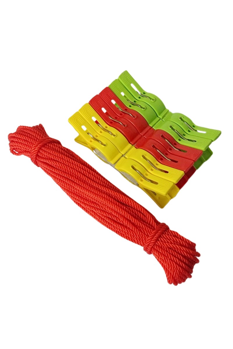 Plastic Clips & Nylon Clothesline Set | 12 Strong Clips with Durable Rope for Laundry Drying | Ideal for Home, Balcony, Camping, and Travel