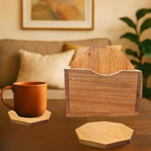 Wooden Coasters Set of 5 with Holder – Natural Wood Tea & Coffee Coaster Set, Heat Resistant Table Protection for Home, Office & Dining