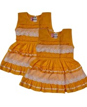 Cotton Baby Girl Frock for 0-9 Months – Soft & Stylish Sleeveless Dress with Lace Design for Newborns & Infants (2, Yellow)