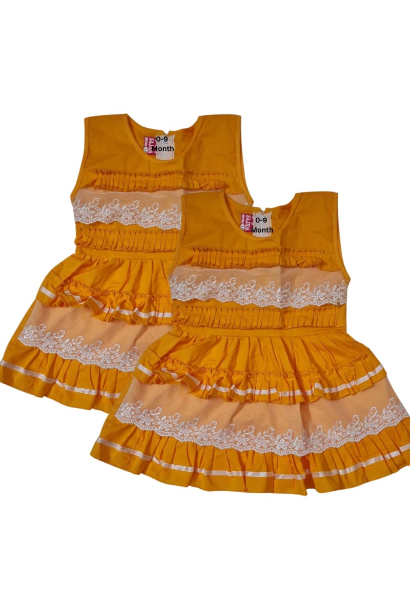 Cotton Baby Girl Frock for 0-9 Months – Soft & Stylish Sleeveless Dress with Lace Design for Newborns & Infants (2, Yellow)