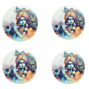 Stainless Steel Round Krishna Fridge Magnet | Decorative Spiritual Refrigerator Magnet for Home & Office | Pack of 4 (4)
