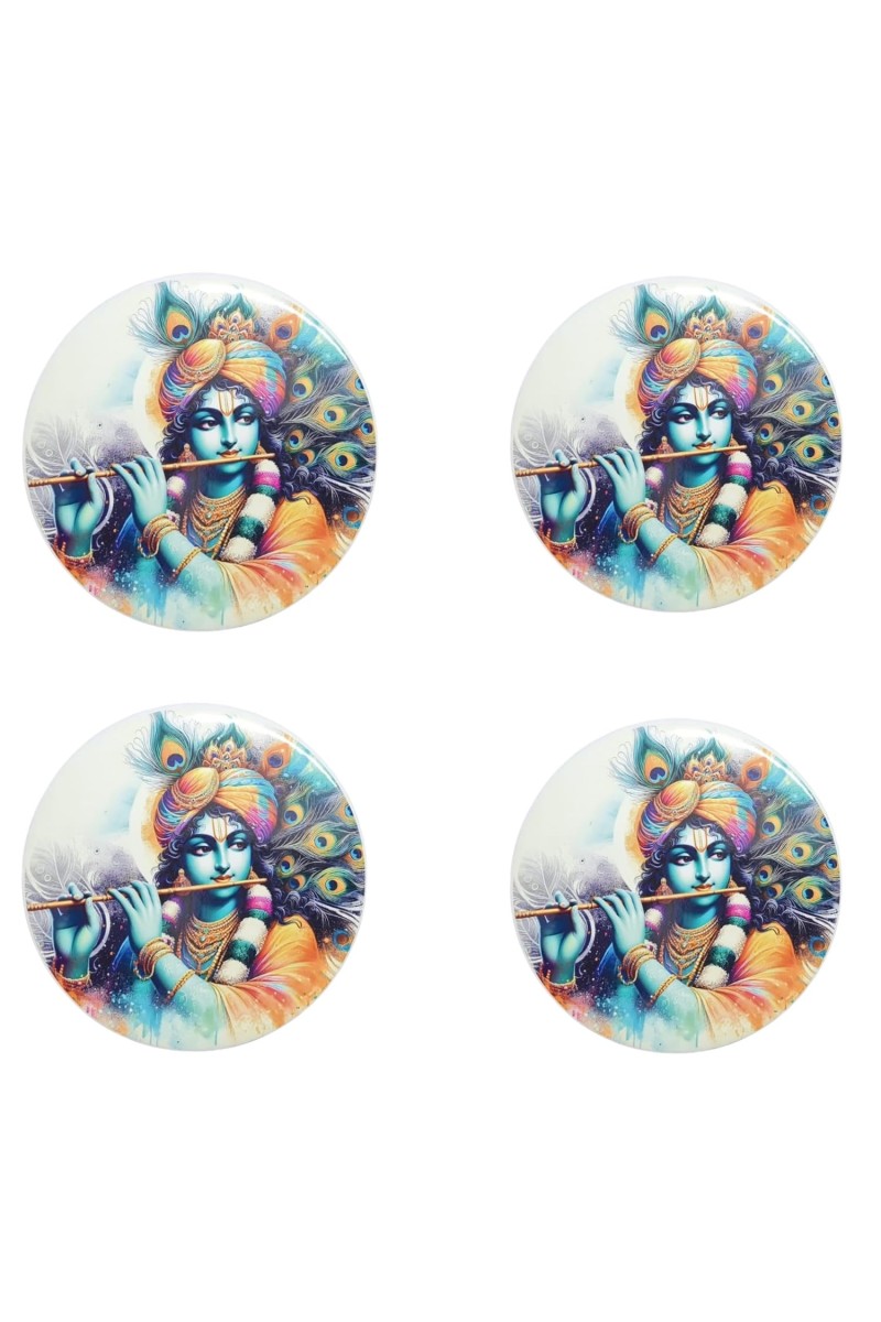 Stainless Steel Round Krishna Fridge Magnet | Decorative Spiritual Refrigerator Magnet for Home & Office | Pack of 4 (4)