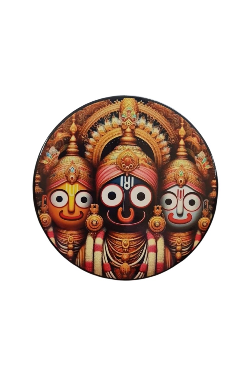 Stainless Steel Round Jagannath Balabhadra Subhadra Fridge Magnet | Devotional & Decorative Refrigerator Magnet for Home & Office | Pack of 1