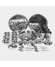 Steel Dinner Set 30 Pcs Bowl: 3.5 X 9 cm, Dish Bowl: 2 X 10 cm, Glass: 11 X 7 cm, Plate: 26 cm Dia., Spoon: 16 X 3.5 cm, 6 Bowls, 6 Dish Bowls, 6 Glasss, 6 Plates, 6 Spoons