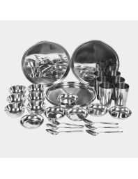 Steel Dinner Set 30 Pcs Bowl: 3.5 X 9 cm, Dish Bowl: 2 X 10 cm, Glass: 11 X 7 cm, Plate: 26 cm Dia., Spoon: 16 X 3.5 cm, 6 Bowls, 6 Dish Bowls, 6 Glasss, 6 Plates, 6 Spoons