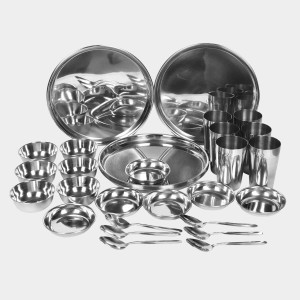 Steel Dinner Set 30 Pcs Bowl: 3.5 X 9 cm, Dish Bowl: 2 X 10 cm, Glass: 11 X 7 cm, Plate: 26 cm Dia., Spoon: 16 X 3.5 cm, 6 Bowls, 6 Dish Bowls, 6 Glasss, 6 Plates, 6 Spoons