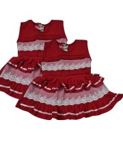 Cotton Baby Girl Frock for 0-9 Months – Soft & Stylish Sleeveless Dress with Lace Design for Newborns & Infants (2, Red)