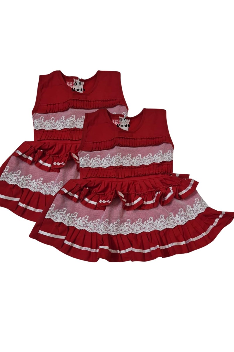 Cotton Baby Girl Frock for 0-9 Months – Soft & Stylish Sleeveless Dress with Lace Design for Newborns & Infants (2, Red)