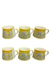 Ceramic Tea Coffee Cups Set of 6 | Yellow Floral Design | Pottery Chai Mugs | Dishwasher & Microwave Safe. (Yellow)