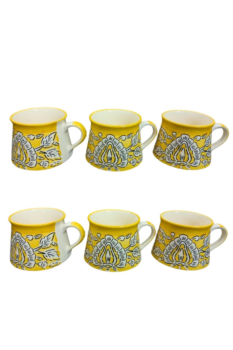 Ceramic Tea Coffee Cups Set of 6 | Yellow Floral Design | Pottery Chai Mugs | Dishwasher & Microwave Safe. (Yellow)