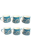 Handcrafted Blue Ceramic Tea & Coffee Cups with Floral Design | Hand-Painted Pottery Mugs | Microwave Safe | Blue Set of 6