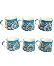 Handcrafted Blue Ceramic Tea & Coffee Cups with Floral Design | Hand-Painted Pottery Mugs | Microwave Safe | Blue Set of 6
