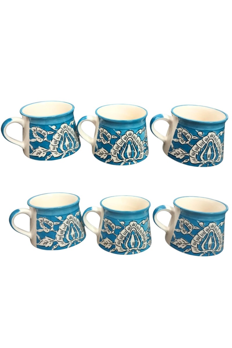 Handcrafted Blue Ceramic Tea & Coffee Cups with Floral Design | Hand-Painted Pottery Mugs | Microwave Safe | Blue Set of 6