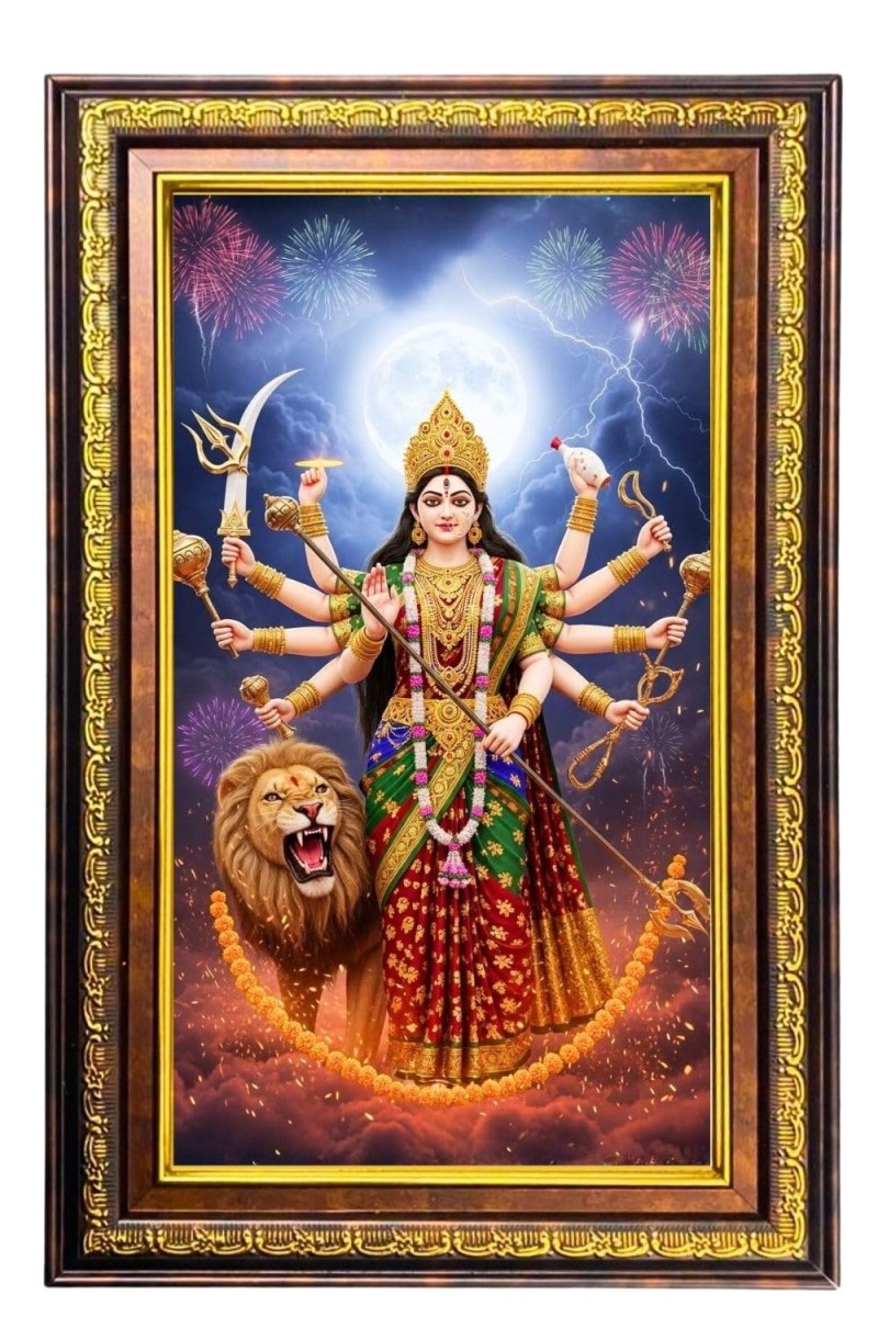 Durga Matha Digital Golden Balck Color Photo Frame | Hindu Religious Wall Decor | 10x16 Inches - Inspirational Wall Art for Office, Home Decor - Ideal Spiritual Gift (F16893)