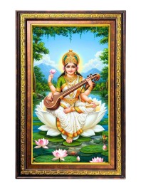 Goddess Saraswathi Digital Golden Balck Color Photo Frame | Hindu Religious Wall Decor | 16x22 Inches - Inspirational Wall Art for Office, Home Decor - Ideal Spiritual Gift (F16538)