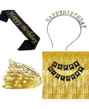 Party Decoration Combo – Hairband, Tuni LED Bulb, Birthday Sash & Foil Curtain – Perfect Birthday Celebration Set for Girls & Women (SILVER)