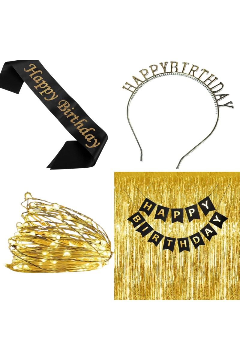 Party Decoration Combo – Hairband, Tuni LED Bulb, Birthday Sash & Foil Curtain – Perfect Birthday Celebration Set for Girls & Women (SILVER)