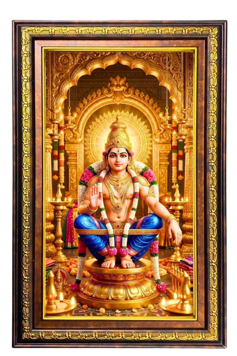 God Ayyappa Digital Golden Balck Color Photo Frame | Hindu Religious Wall Decor | 18x24 Inches - Inspirational Wall Art for Office, Home Decor - Ideal Spiritual Gift (F16557)