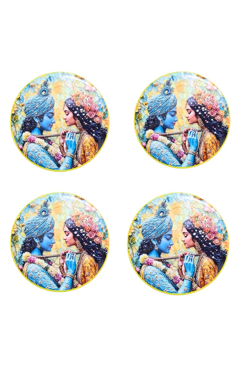 Stainless Steel Round Radha Krishna Fridge Magnet | Devotional & Decorative Refrigerator Magnet for Home & Office | Premium Finish | Pack of 4 (4)