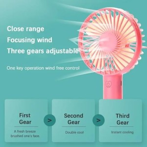 Mini Hand Fan – Portable USB Rechargeable Personal Fan, 3 Speeds, Quiet Operation, Handheld or Desk Use, Ideal for Travel, Office, Outdoor, and Summer Activities (Pink)