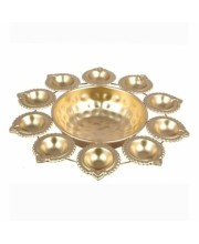 Decorative Brass Finish Diya Stand with Central Bowl | 9 Diya Holder Plate for Pooja, Aarti, Diwali Decoration, Temple & Home Traditional Lighting Plate