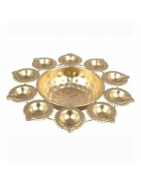 Decorative Brass Finish Diya Stand with Central Bowl | 9 Diya Holder Plate for Pooja, Aarti, Diwali Decoration, Temple & Home Traditional Lighting Plate