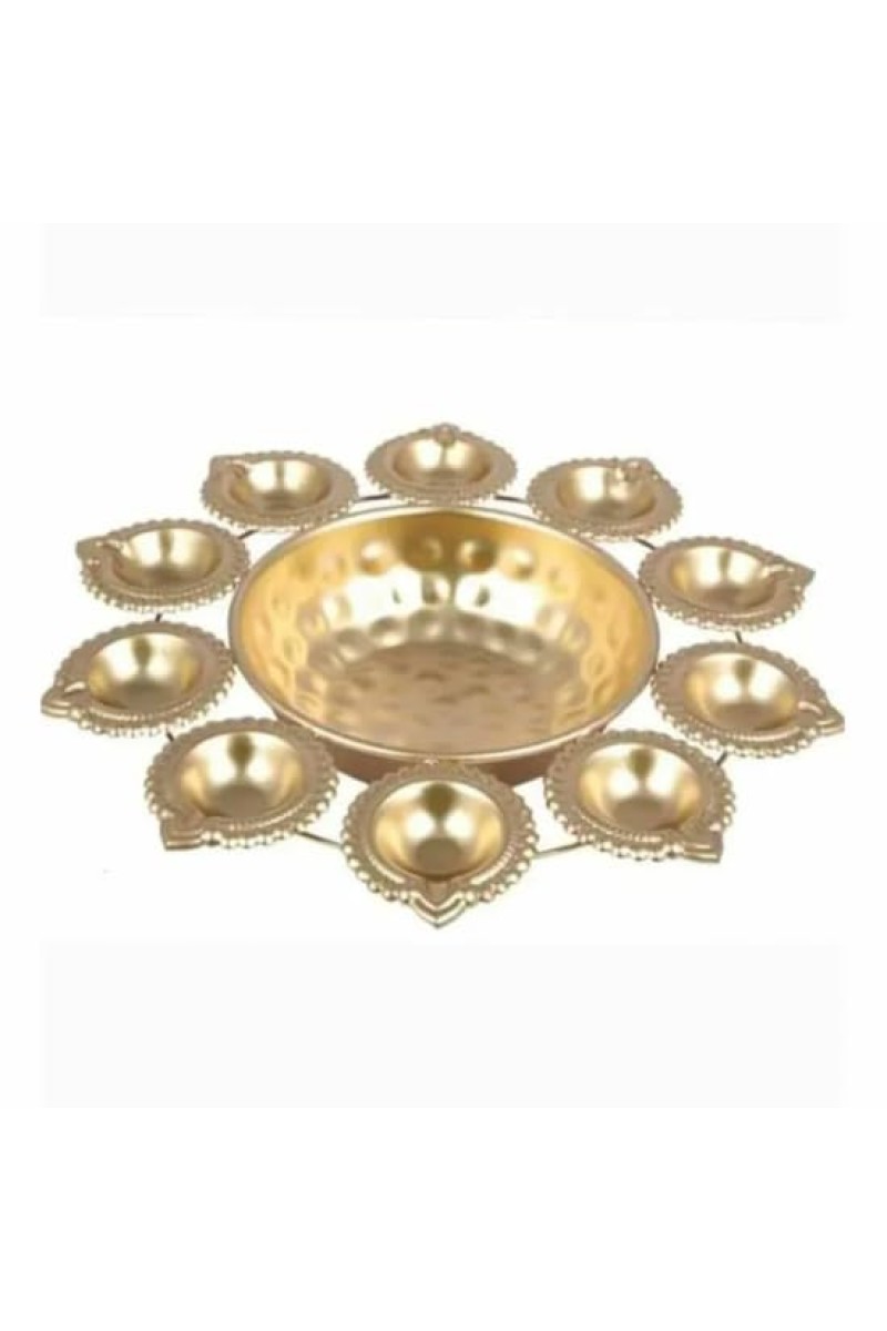 Decorative Brass Finish Diya Stand with Central Bowl | 9 Diya Holder Plate for Pooja, Aarti, Diwali Decoration, Temple & Home Traditional Lighting Plate