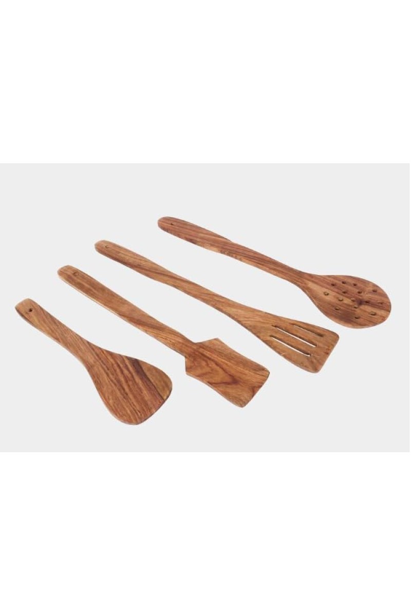 Hitech Sales Natural Pure Wood Sheesham NonStick Cookware Kitchen Utensils Set of 4 Seamless Design Spoons for Cooking Baking & Mixing Includes Frying Serving Spatula Chapati Dessert Rice