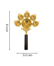 Panch Aarti Diya Oil Lamp, Panch Mukhi Aarti, deep, Jyoti Puja for Diwali/Navratri and Festival. Brass Punch Diya with Wooden Handle - Gold Color Daily Pooja in Home (Small).