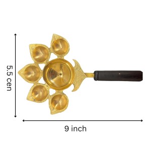 Panch Aarti Diya Oil Lamp, Panch Mukhi Aarti, deep, Jyoti Puja for Diwali/Navratri and Festival. Brass Punch Diya with Wooden Handle - Gold Color Daily Pooja in Home (Small). Panch Aarti Diya Oil Lamp, Panch Mukhi Aarti, deep, Jyoti Puja for Diwali/Navratri and Festival. Brass Punch Diya with Wooden Handle - Gold Color Daily Pooja in Home (Small).