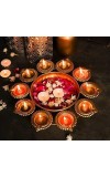 Decorative Brass Finish Diya Stand with Central Bowl | 9 Diya Holder Plate for Pooja, Aarti, Diwali Decoration, Temple & Home Traditional Lighting Plate