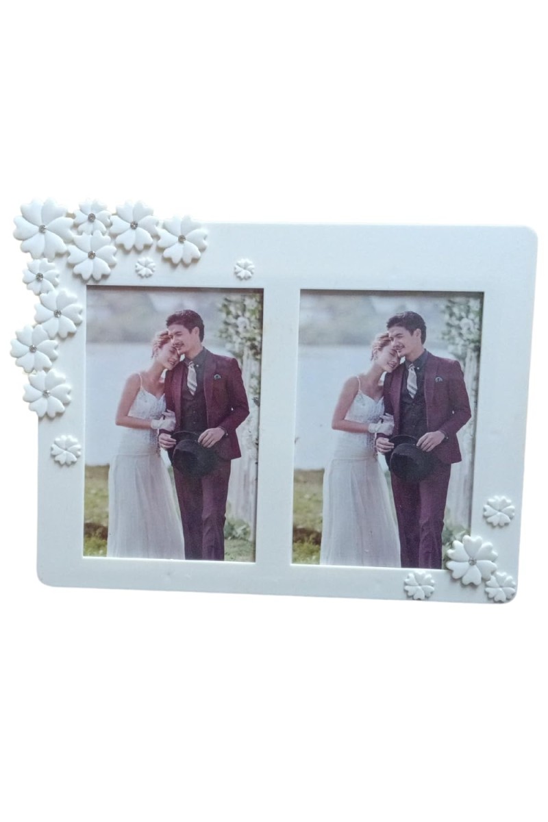 Hitech Sales White Dual Picture Photo Frame with Floral Design | Tabletop Decorative Frame for Home & Office Décor (White, 3.5 x 5.5)