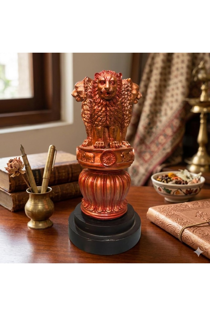 Handcrafted Lion Capital National Emblem Statue Showpiece – Ashoka Pillar Design Resin Stambh Idol for Home Decor, Office Desk, Tabletop & Gifting