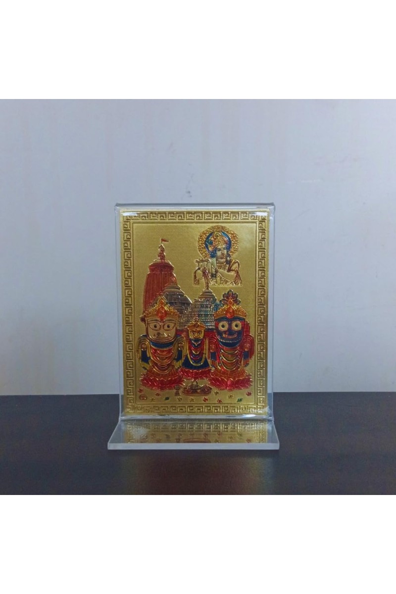 Hitech Sales Gold-Plated Prabhu Jagannath, Balaram, Shuvadra with Krishna Religious Acrylic Photo Frame Hindu God and Goddess Temple Art Decor for Home, Office, Car Dashboard and Gift Purpose