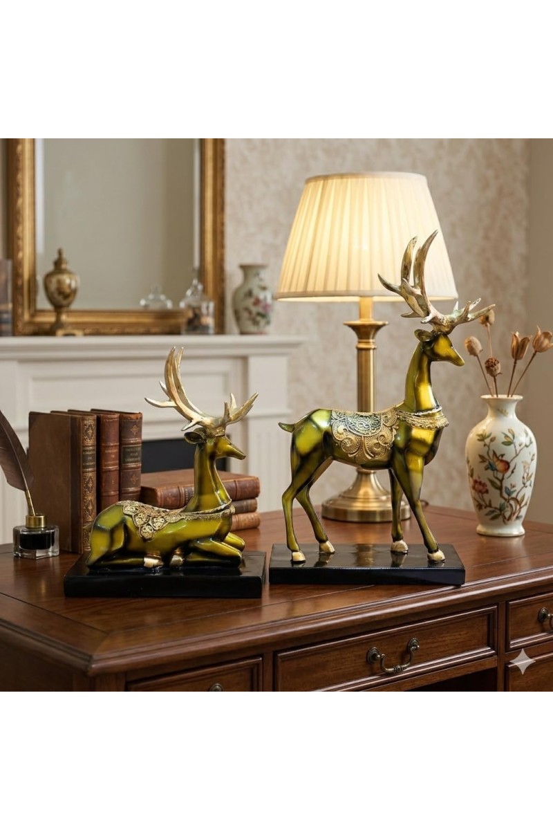 Metallic Gold Finish Deer Idols Set &ndash; Elegant Decorative Deer Figurines for Home Decor &ndash; Luxury Animal Showpieces for Living Room, Cabinet & Tabletop &ndash; Ideal Anniversary, Wedding & Housewarming Gift