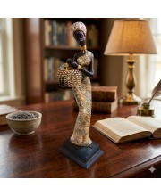 Handcrafted African Lady Figurine with Basket – Elegant Resin Tribal Woman Statue for Home Decor – Artistic Showpiece for Living Room, Office, Shelf & Gift Purpose